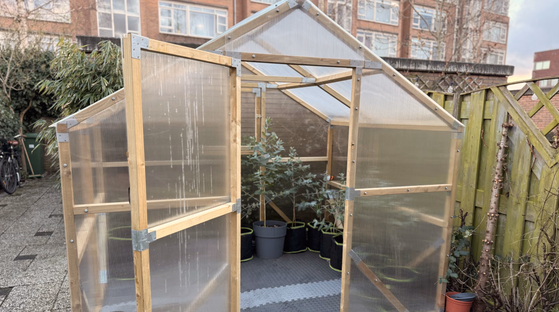 Houten kas met openstaande dubbele deur in een stadstuin